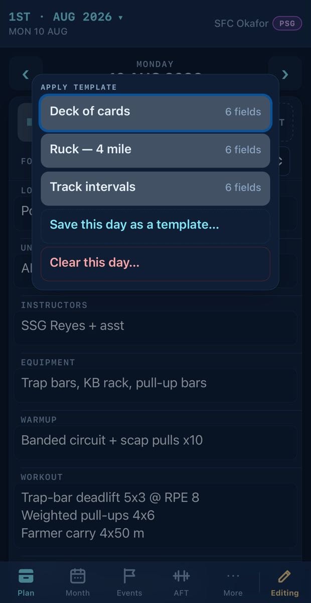 Template menu over a day plan on a phone