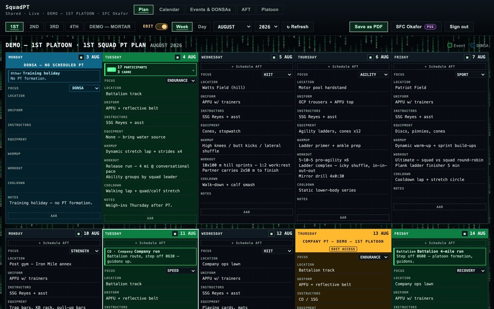 The week board under the Terminal theme