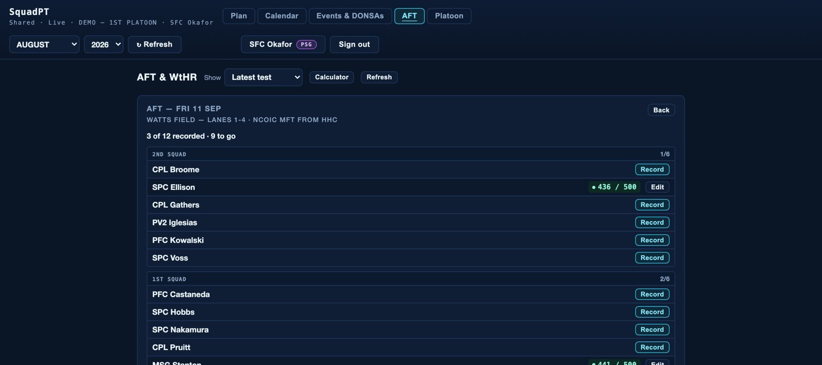 Test day roster and score-entry queue